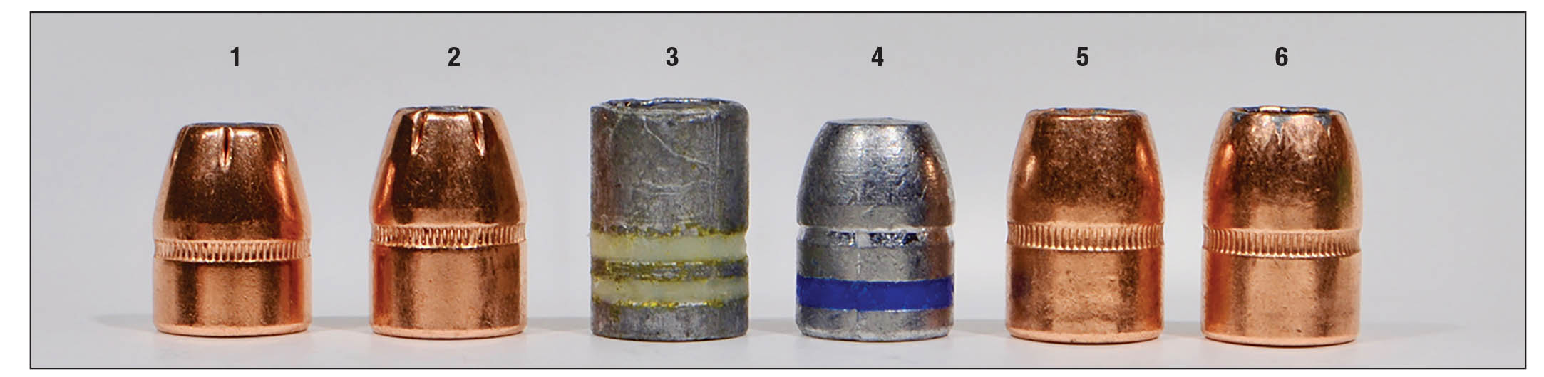 Bullets tested include the Hornady 180-grain XTP, (2) Hornady 200 XTP, (3) Hayley 200 Man-Stopper, (4) Shooter’s Choice 200 flatnose, (5) Speer 210 Gold Dot and the (6) Speer 200 Gold Dot.